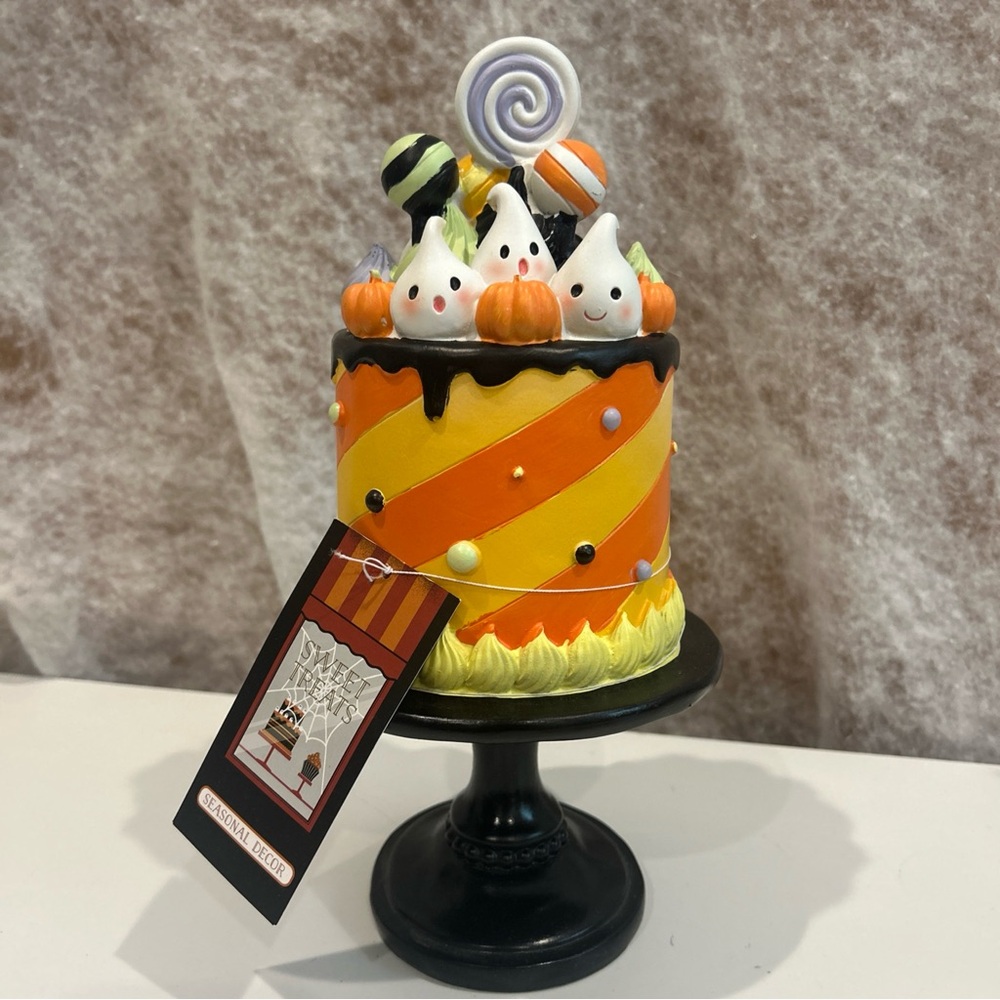 GHOULISH Orange Halloween 13" Faux Cake Pedestal W/ Ghosts Pumpkins Tabletop NWT